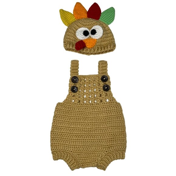 Handmade Knit Crochet Baby Turkey Outfit Set Romper Hat Beanie Diaper Cover